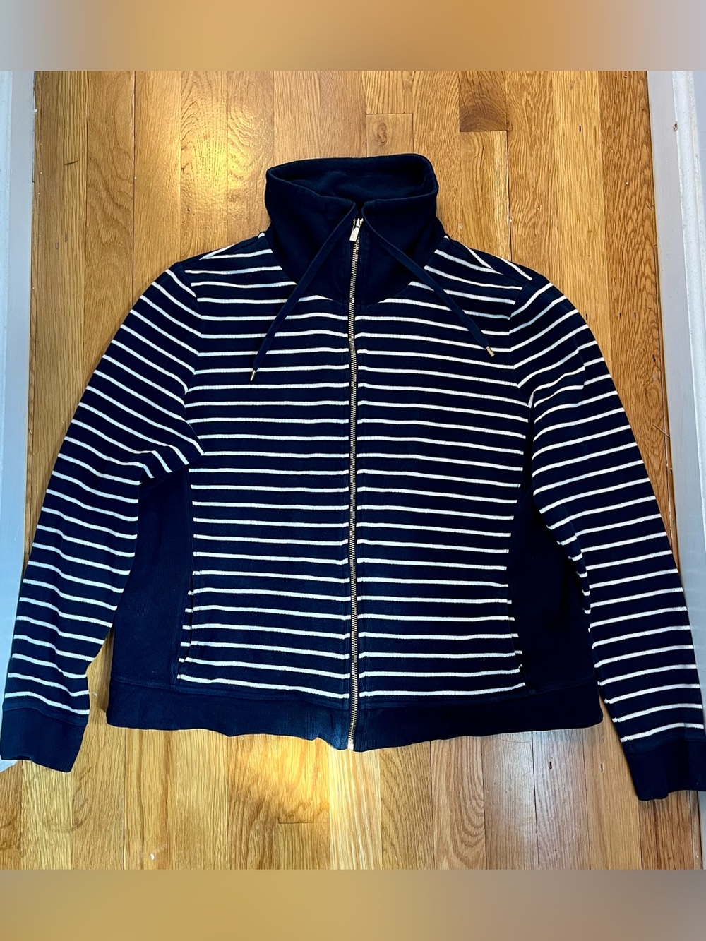 Lauren Ralph Lauren XL Navy Stripe Zip Cardigan High Neck Drawstring Sweater